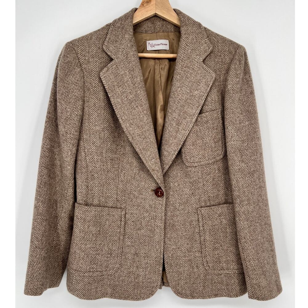 Vtg 70s Evan Picone Wool Blazer Womens Fits 8 Brown Herringbone Leather Buttons